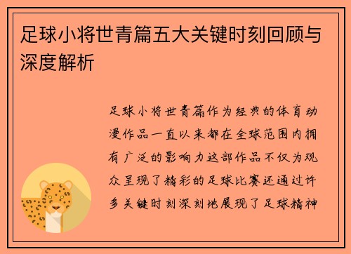 足球小将世青篇五大关键时刻回顾与深度解析