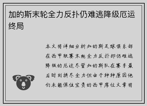 加的斯末轮全力反扑仍难逃降级厄运终局