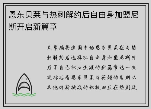 恩东贝莱与热刺解约后自由身加盟尼斯开启新篇章